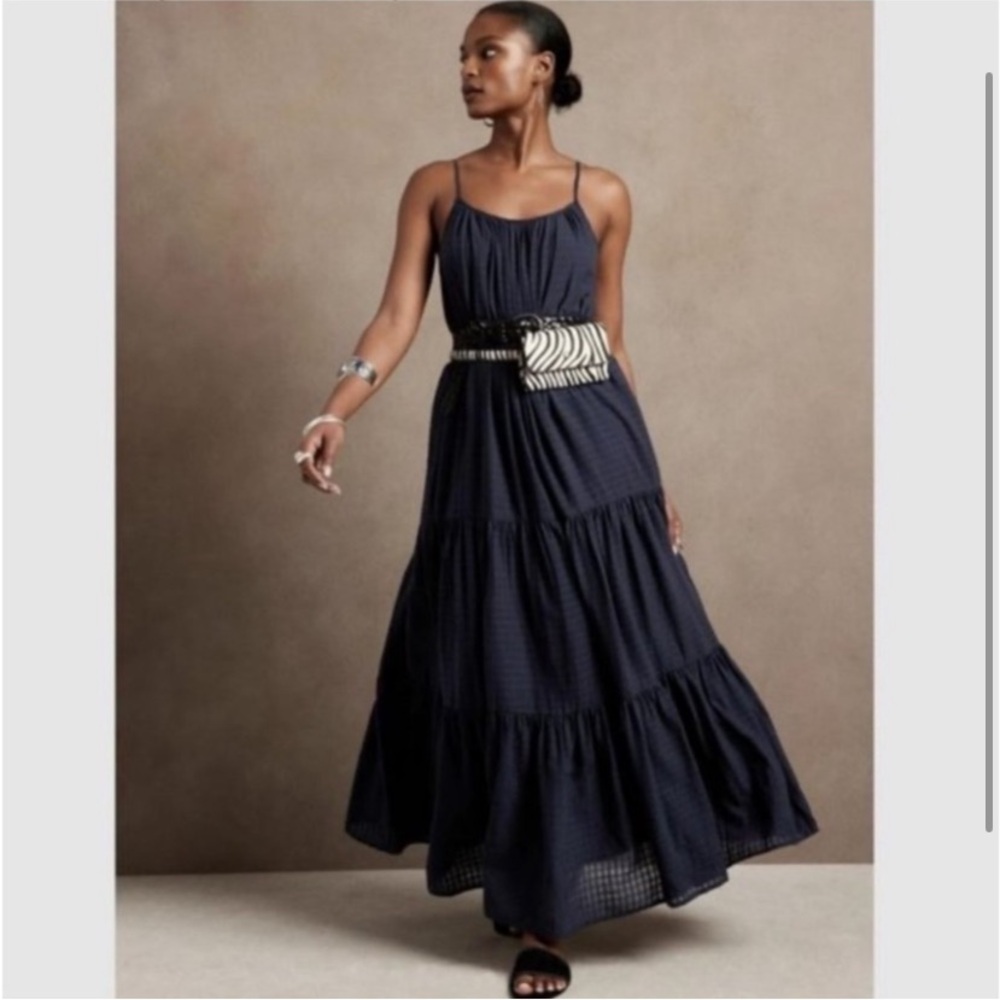 Banana Republic - 2023 Canna Maxi Cotton Tired/Tie Waist Dress - Navy - Size S